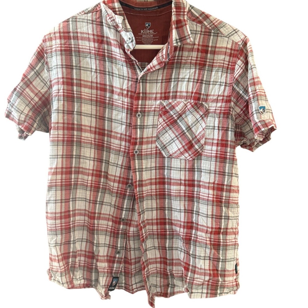 Kuhl Mens Medium Red Plaid Organic Cotton Short Sleeve Button Down Shirt Outdoor
